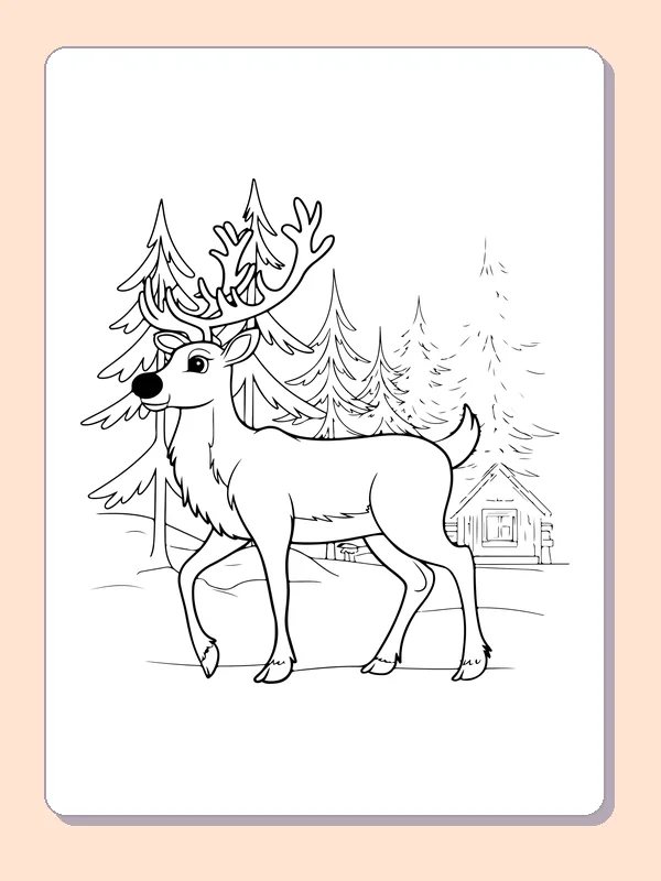 Reindeer in Dense Pine Woods reindeer coloring page in black and white line art