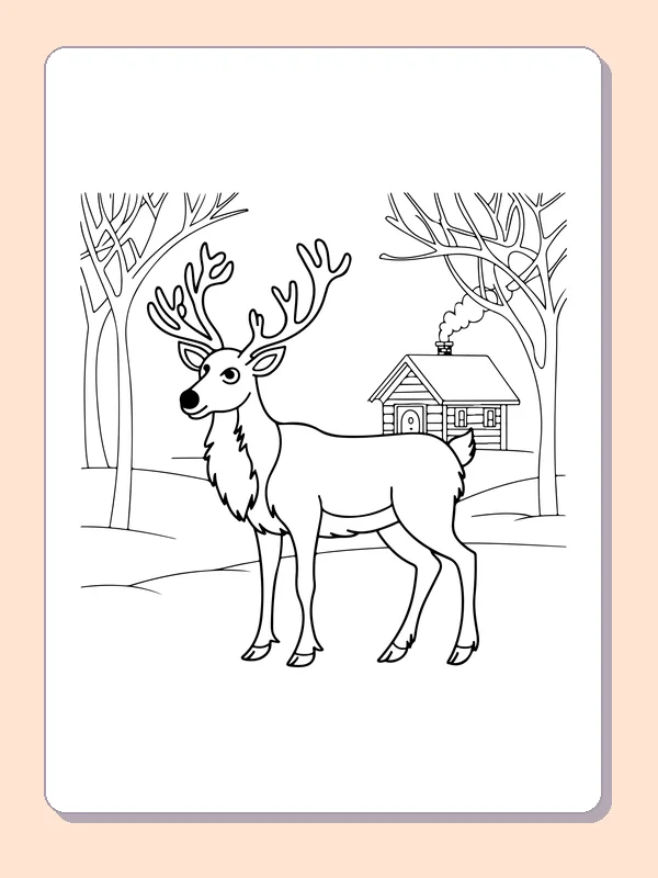 Reindeer near a Winter House reindeer coloring page in black and white line art