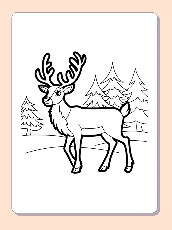 Reindeer on a Pine Trail reindeer coloring page in black and white line art