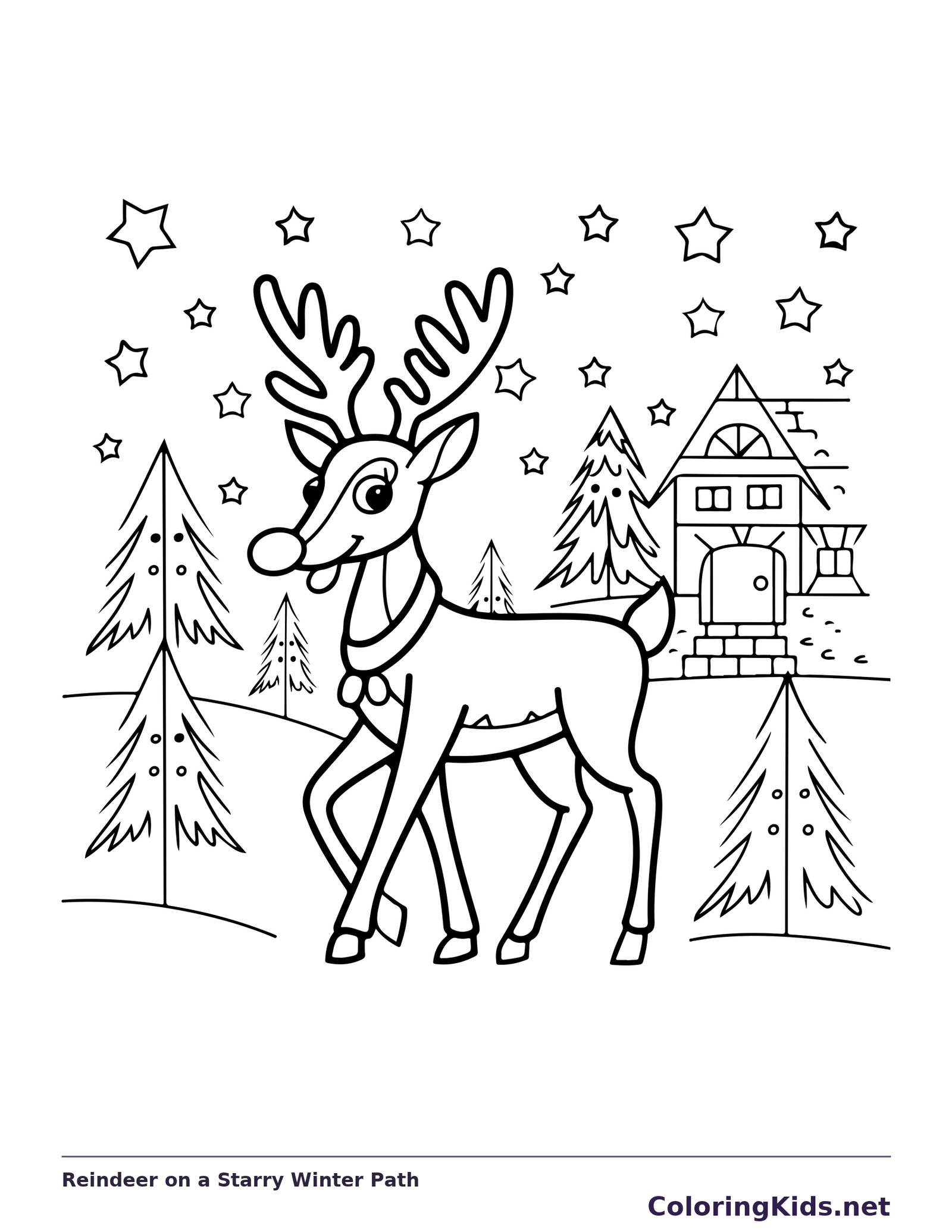 Reindeer on a Starry Winter Path reindeer coloring page in black and white line art