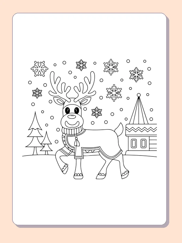 Reindeer outside a Winter Village reindeer coloring page in black and white line art
