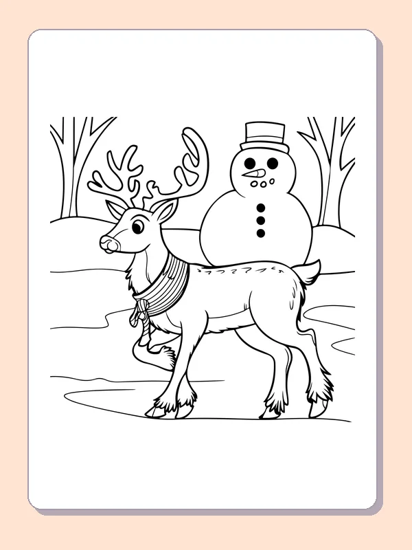 Reindeer Passing a Snowman reindeer coloring page in black and white line art