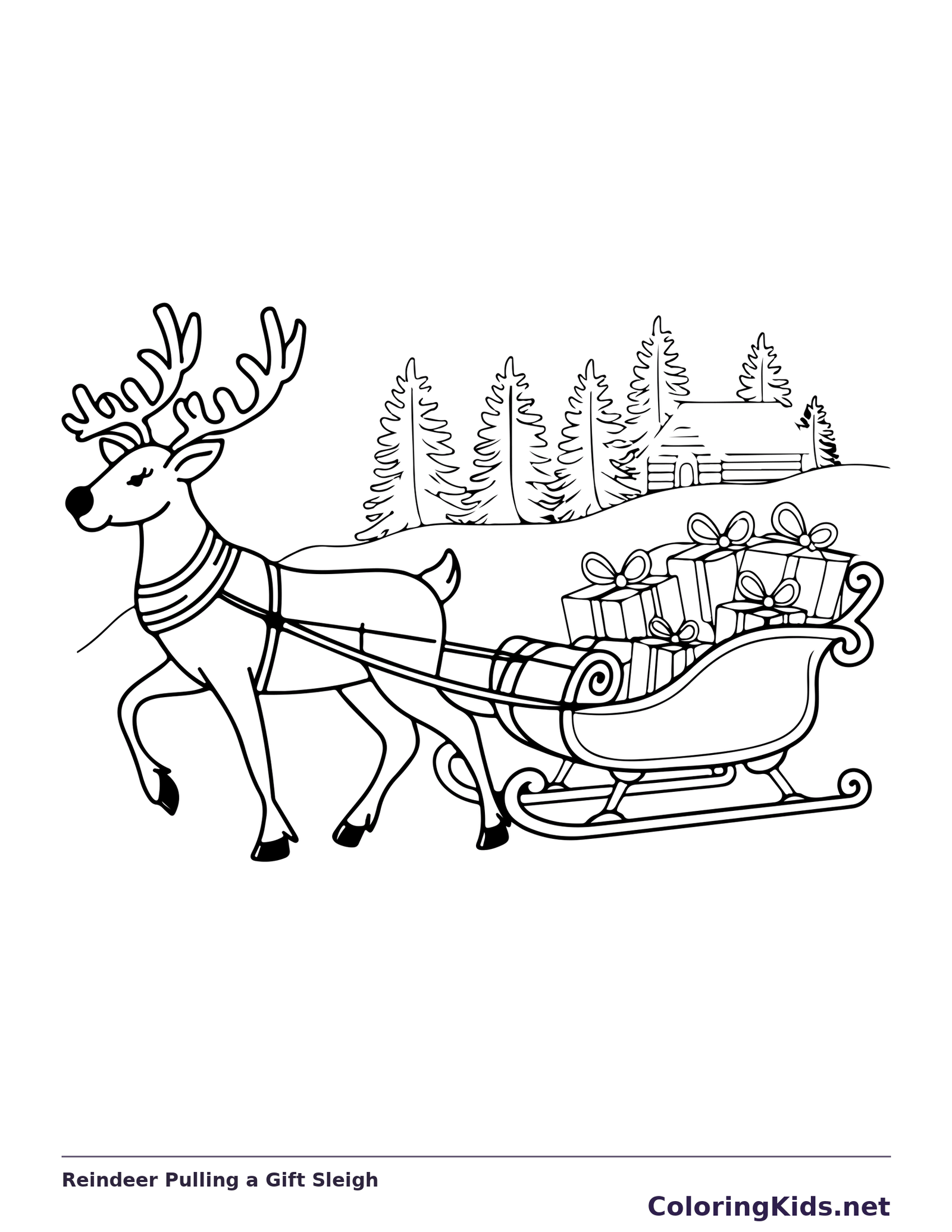 Reindeer towing a present sleigh coloring page in black and white line art