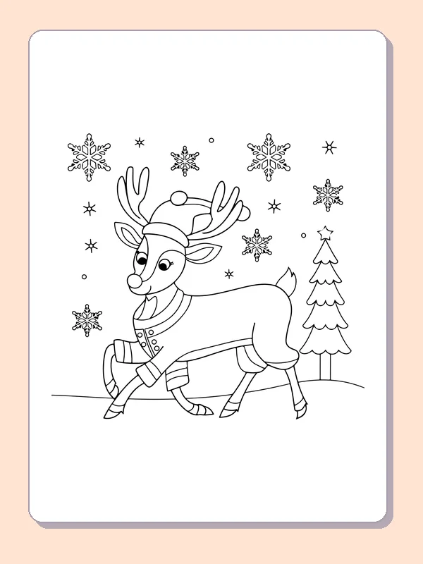 Reindeer Running through Snow reindeer coloring page in black and white line art