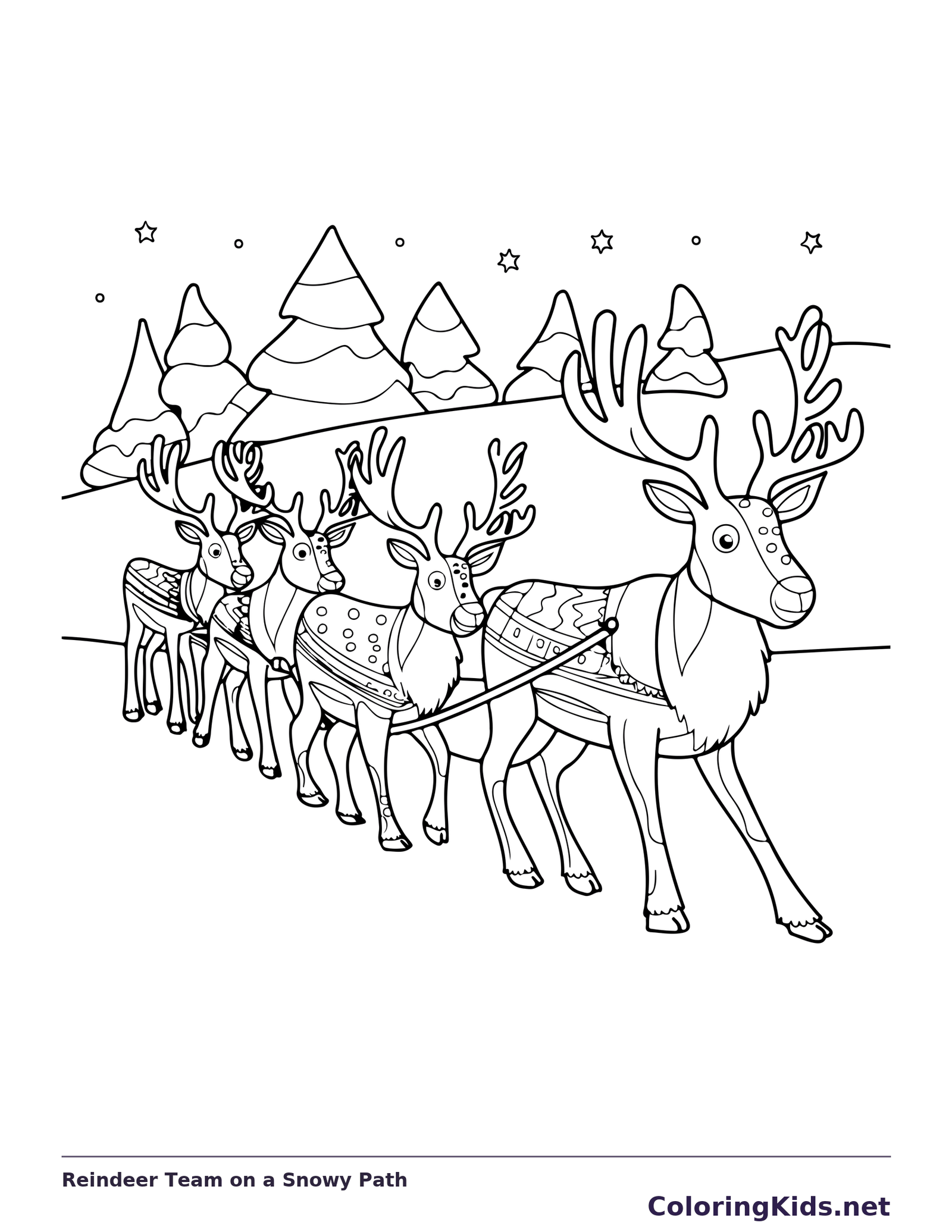 Reindeer Team on a Snowy Path reindeer coloring page in black and white line art