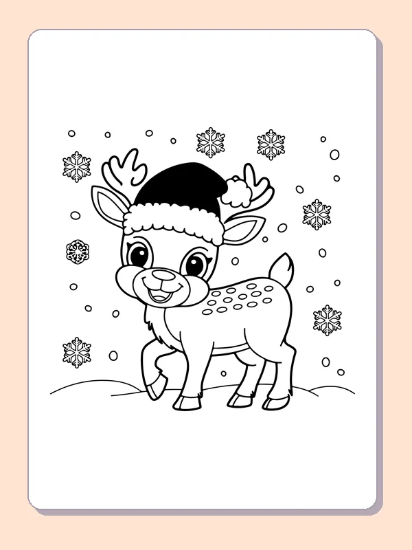 Reindeer Wearing a Snowy Hat reindeer coloring page in black and white line art