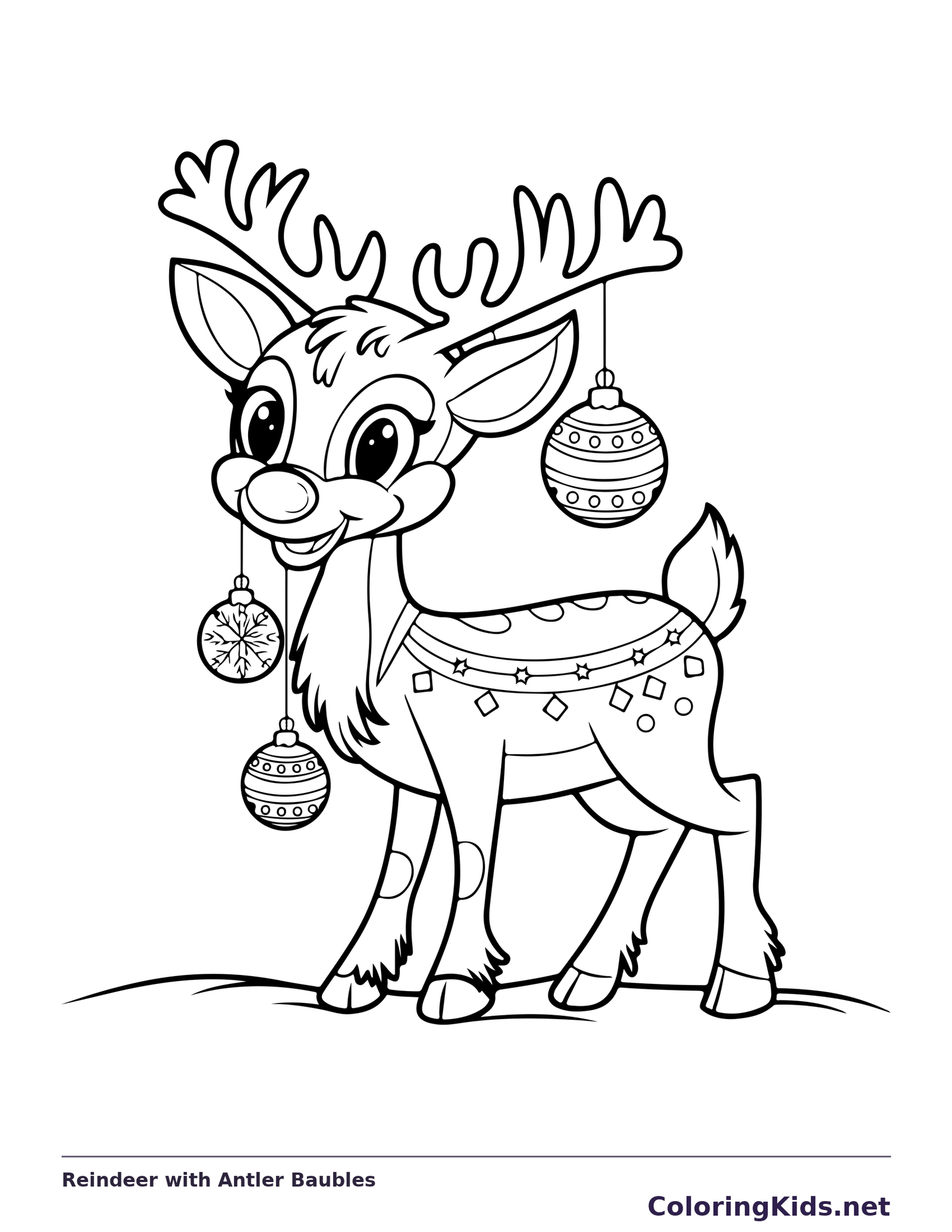 Reindeer with Antler Baubles reindeer coloring page in black and white line art