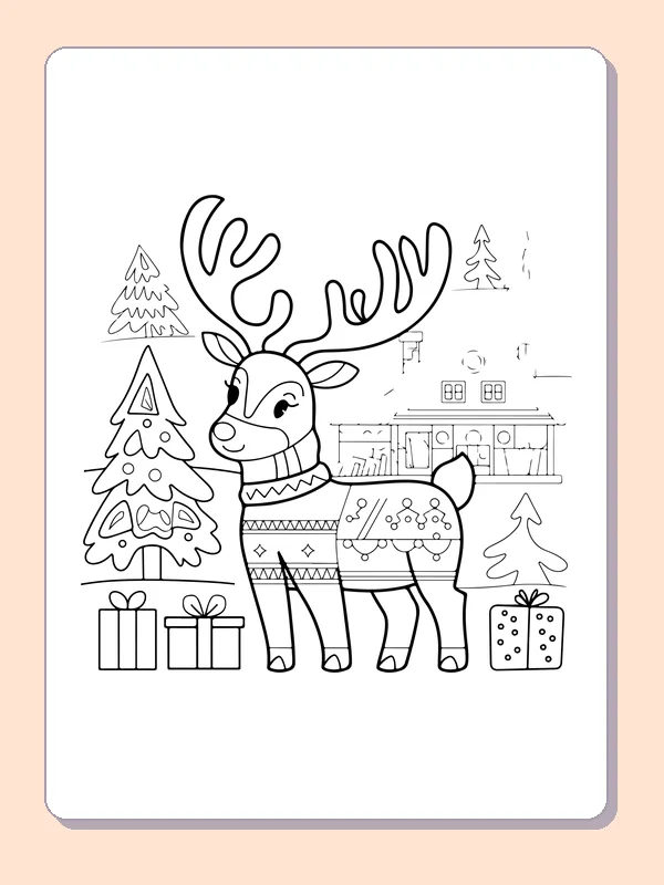 Reindeer with Sweater and Gifts reindeer coloring page in black and white line art