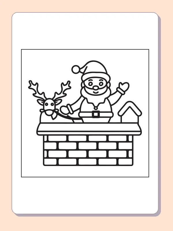 Santa and Reindeer at a Chimney reindeer coloring page in black and white line art