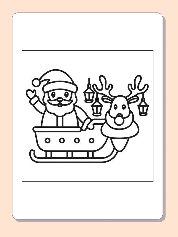 Santa Riding with a Reindeer reindeer coloring page in black and white line art