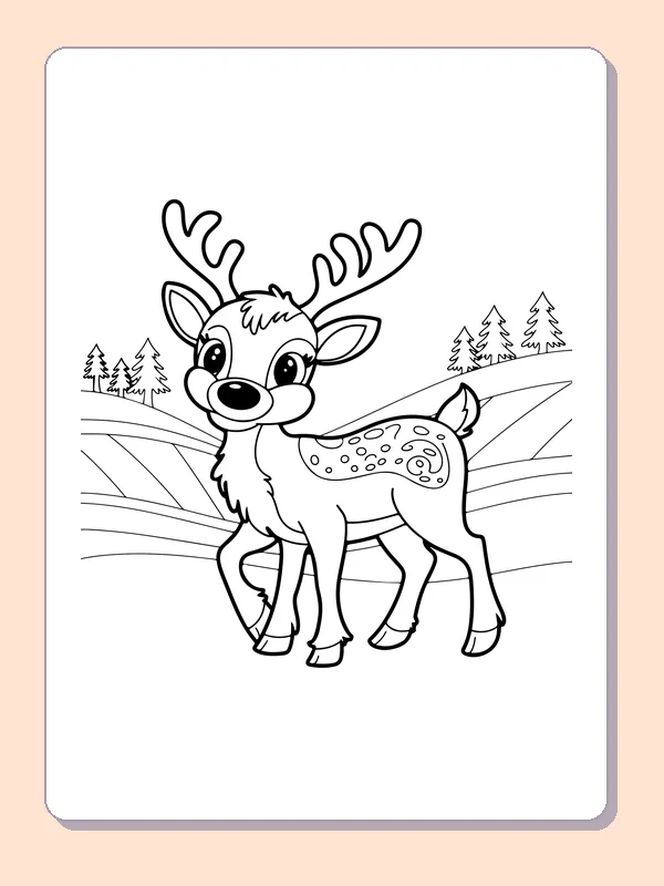 Spotted Reindeer on Snowy Hills reindeer coloring page in black and white line art