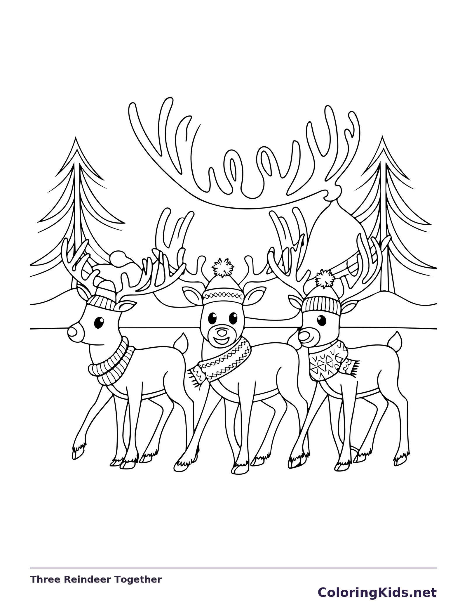 Three Reindeer Together reindeer coloring page in black and white line art