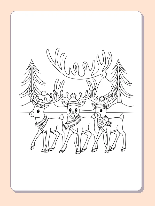 Three Reindeer Together reindeer coloring page in black and white line art