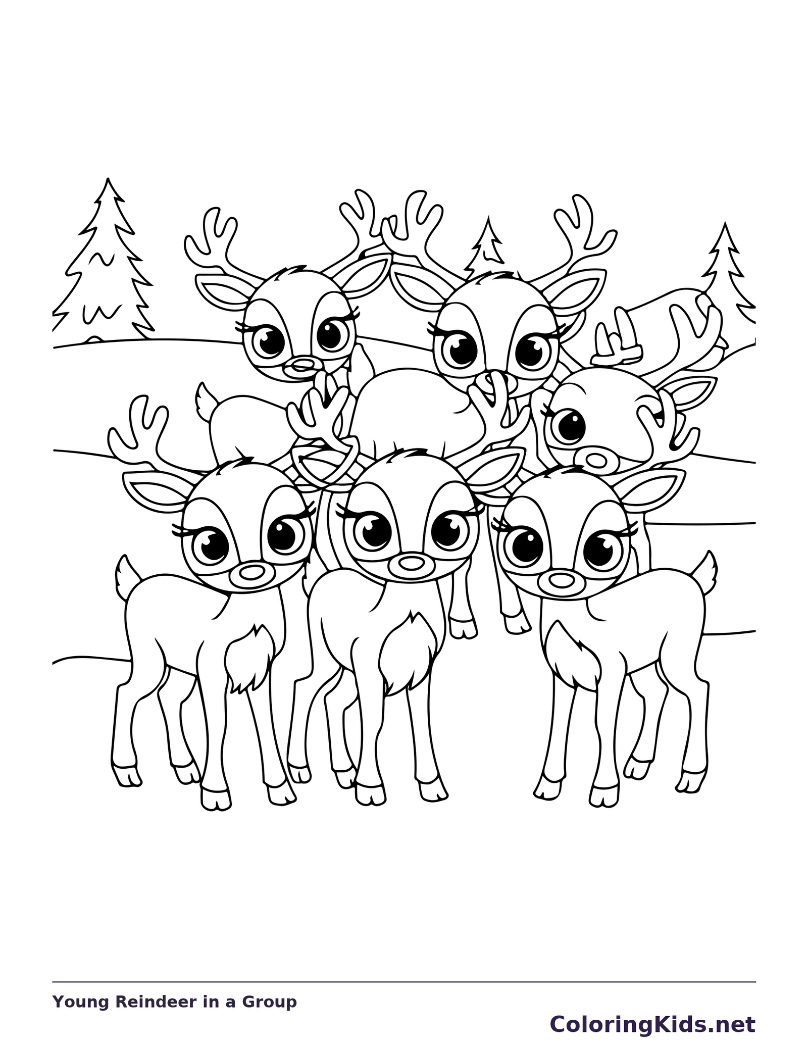Young Reindeer in a Group reindeer coloring page in black and white line art