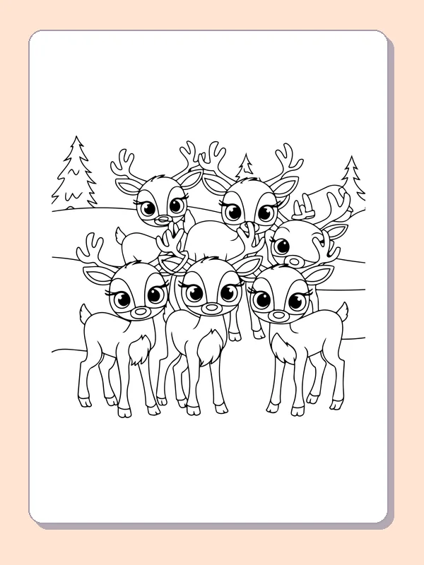 Young Reindeer in a Group reindeer coloring page in black and white line art
