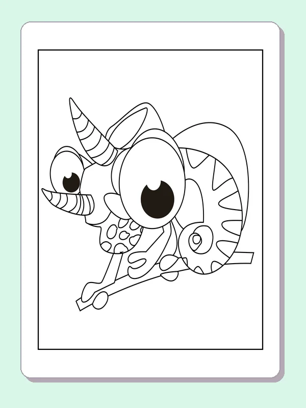 Black and white printable chameleon curling its tail coloring sheet