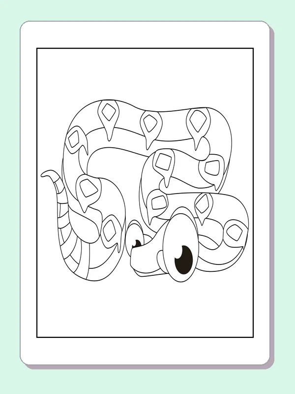 Black and white printable coiled snake with diamond patterns coloring sheet