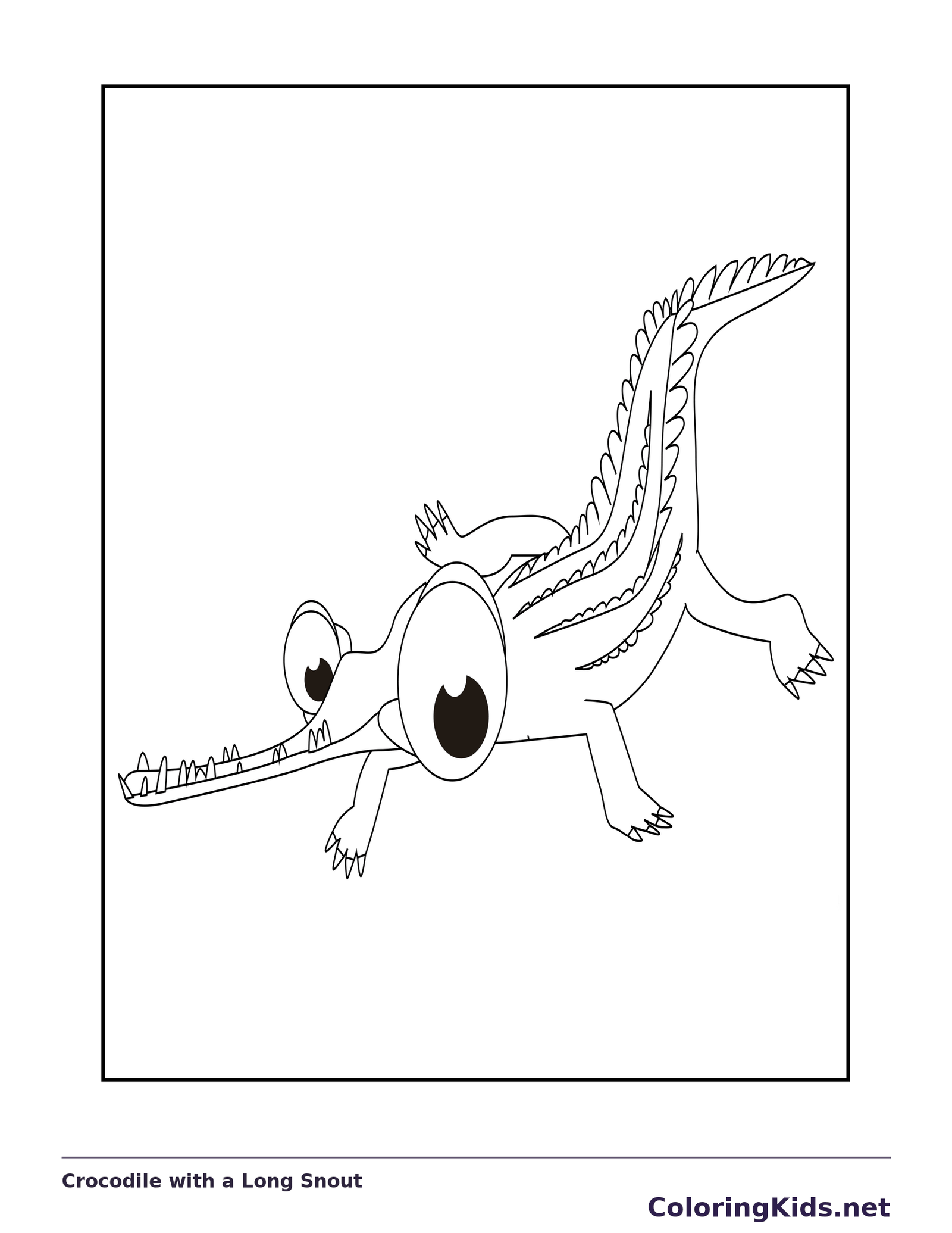Black and white printable crocodile with a long snout coloring sheet