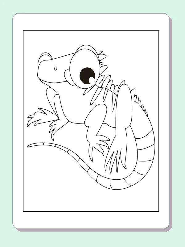 Black and white printable iguana perched on a branch coloring sheet