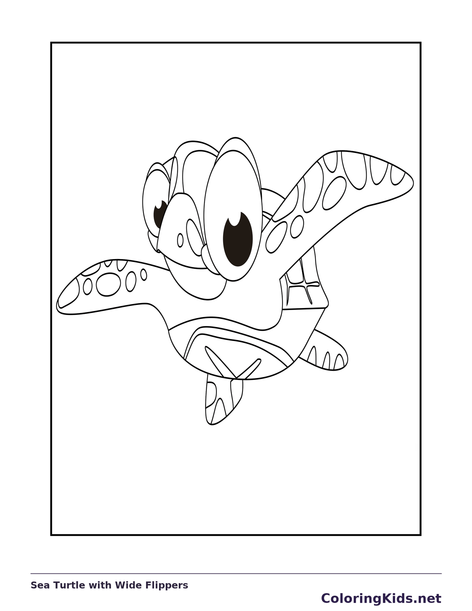 Black and white printable sea turtle with wide flippers coloring sheet