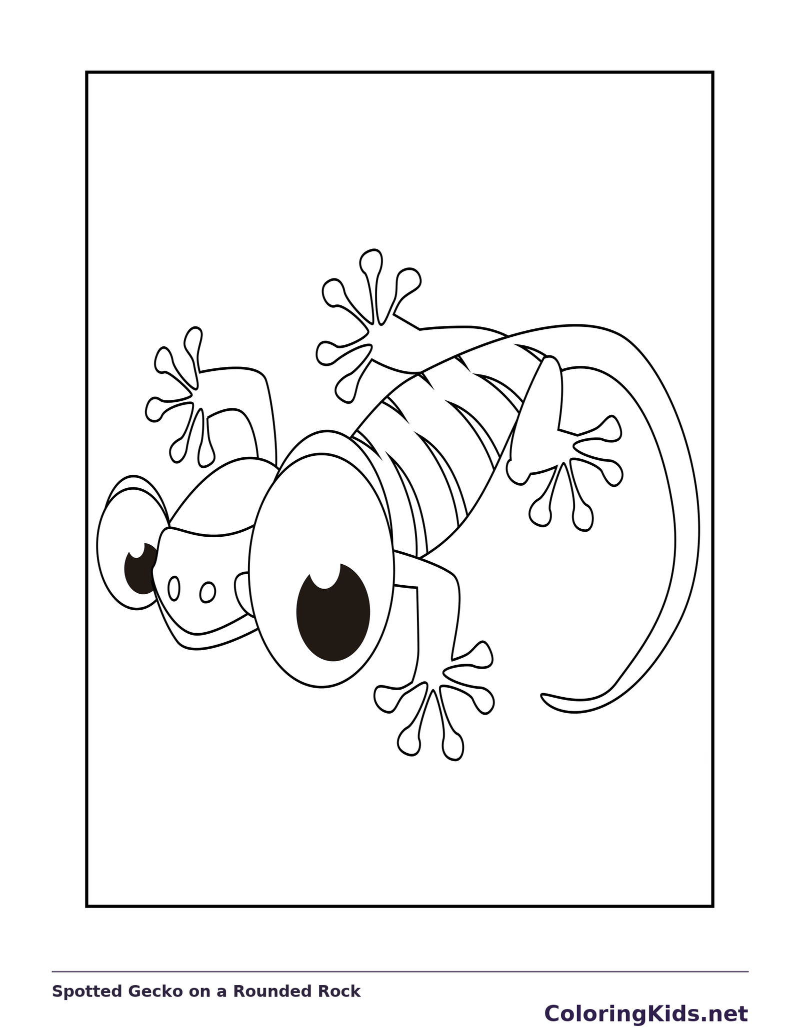 Black and white printable spotted gecko on a rounded rock coloring sheet
