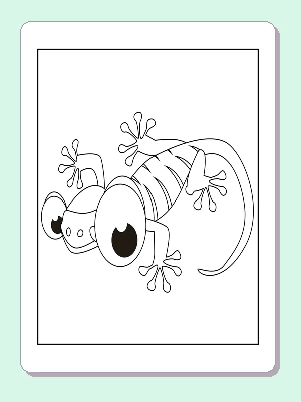 Black and white printable spotted gecko on a rounded rock coloring sheet