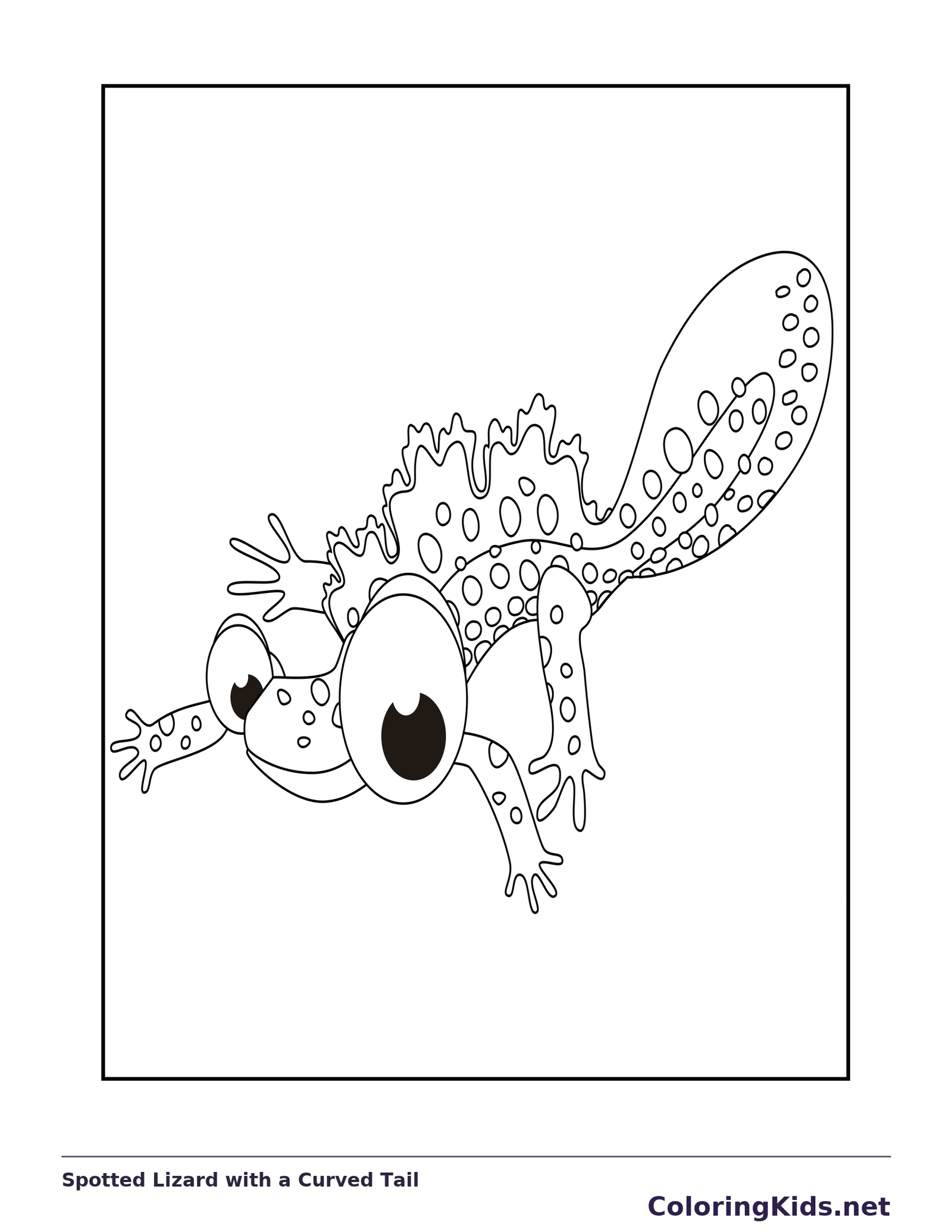 Black and white printable spotted lizard with a curved tail coloring sheet