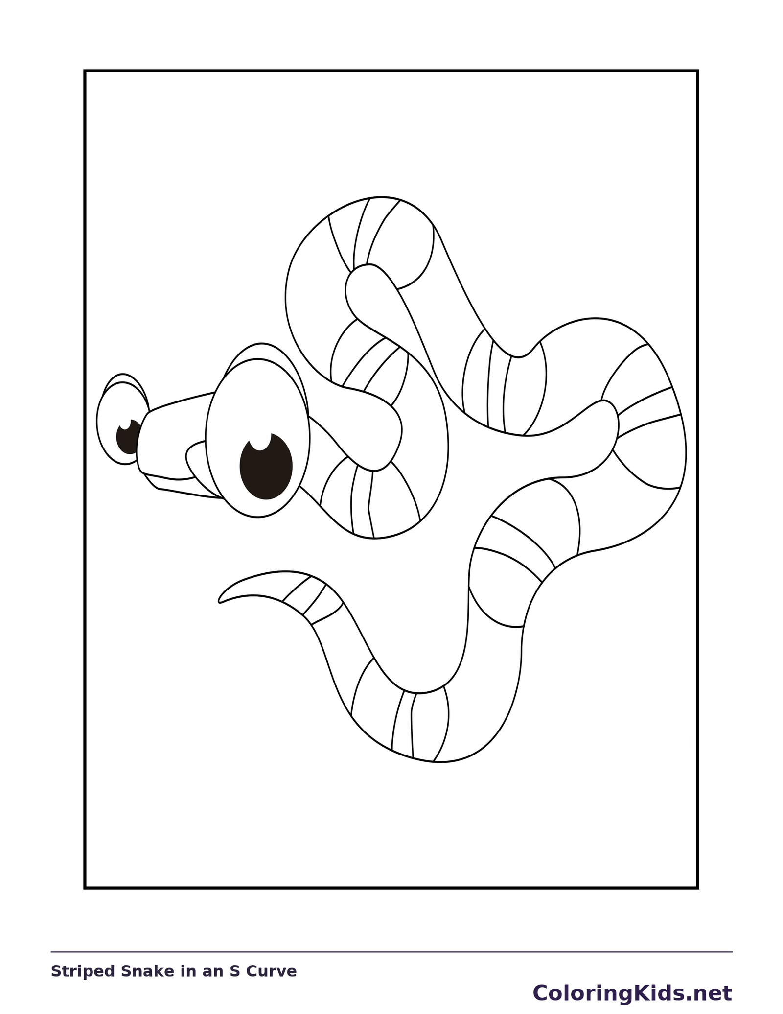 Black and white printable striped snake in an s curve coloring sheet