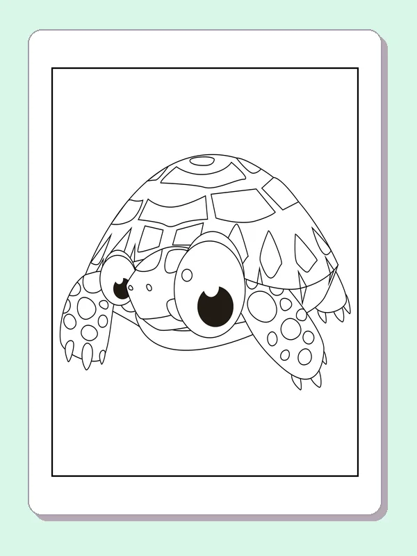 Black and white printable tortoise with a patchwork shell coloring sheet