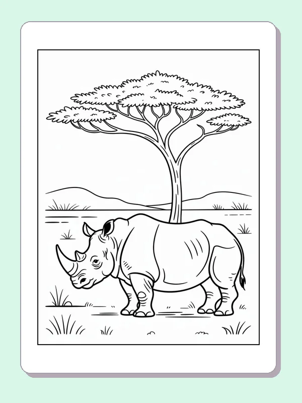 Rhino Beneath a Savanna Tree printable coloring page showing a rhino walks below a broad flat-topped tree on open grassland in black and white outlines