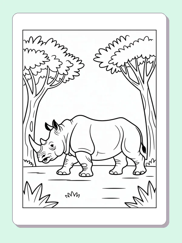 Rhino Between Two Trees printable coloring page showing a rhino walks between tall trees with leafy tops and grass below in black and white outlines
