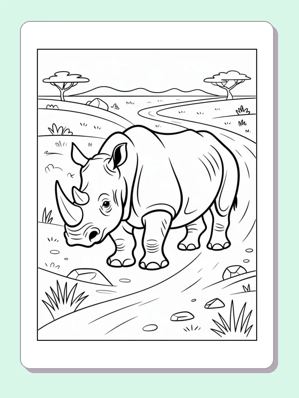 Rhino Following a Winding Road printable coloring page showing a rhino walks on a path that bends through low hills and distant trees in black and white outlines