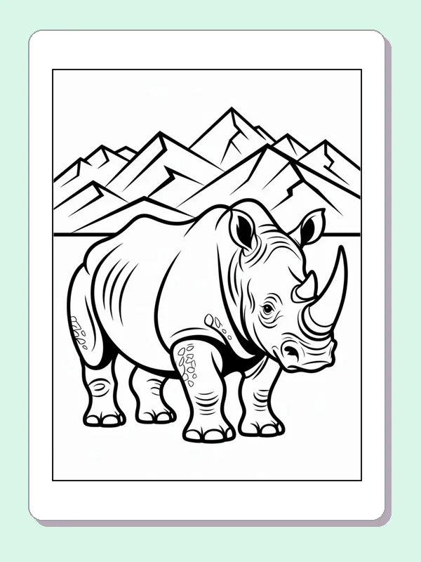 Rhino in Front of Mountain Peaks printable coloring page showing a rhino stands against rows of pointed mountain peaks in black and white outlines