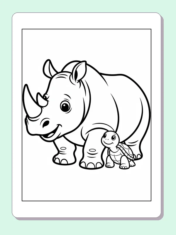 Rhino Meeting a Little Turtle printable coloring page showing a large rhino bends toward a tiny turtle beside its front feet in black and white outlines