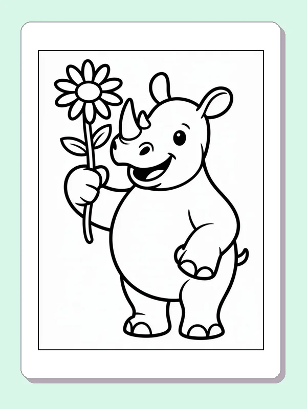 Rhino Offering a Tall Flower printable coloring page showing a little rhino holds one long-stemmed flower against a plain background in black and white outlines