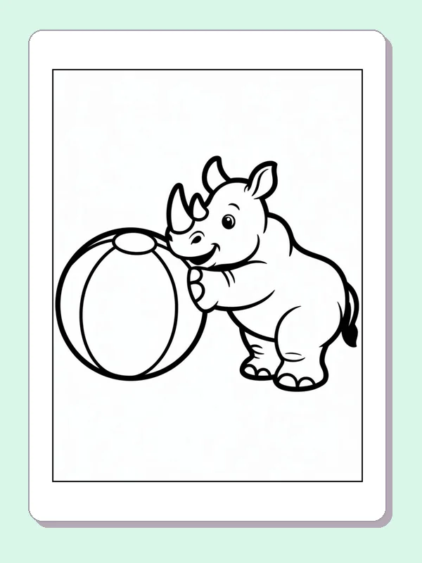 Rhino Pushing a Beach Ball printable coloring page showing a small rhino nudges a striped beach ball across an open page in black and white outlines