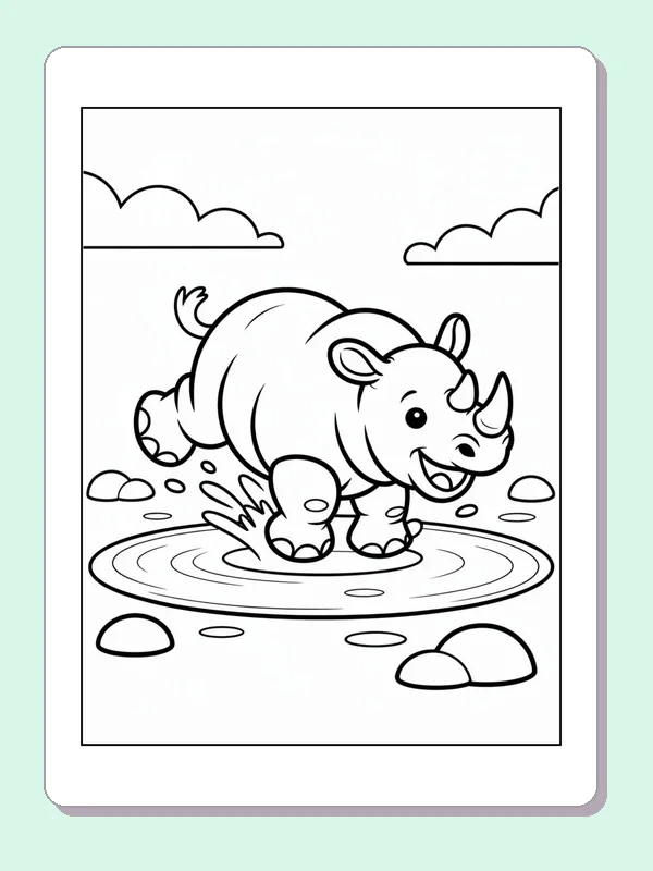 Rhino Splashing in a Shallow Pool printable coloring page showing a rhino splashes through a shallow round pool with water drops and stones nearby in black and white outlines