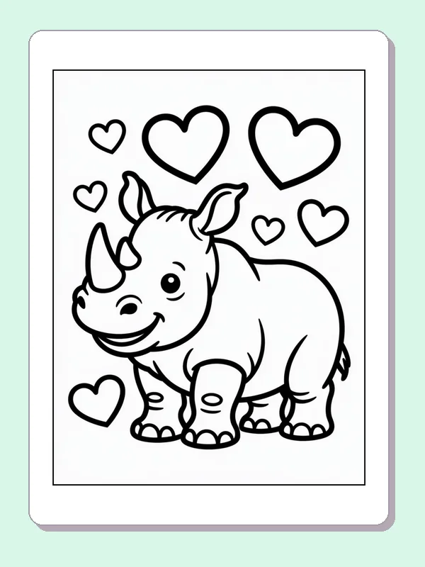 Rhino Surrounded by Hearts printable coloring page showing a smiling rhino stands below floating hearts of different sizes in black and white outlines