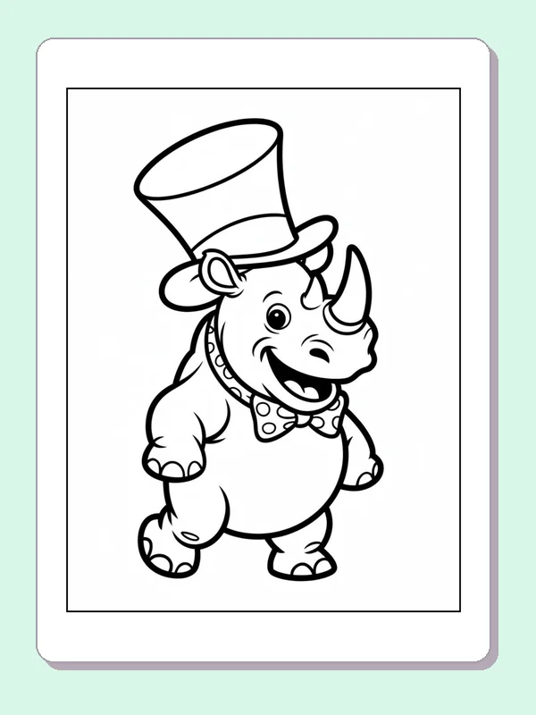 Rhino in a Tall Party Hat printable coloring page showing a small rhino wears a tall top hat and bow tie in black and white outlines