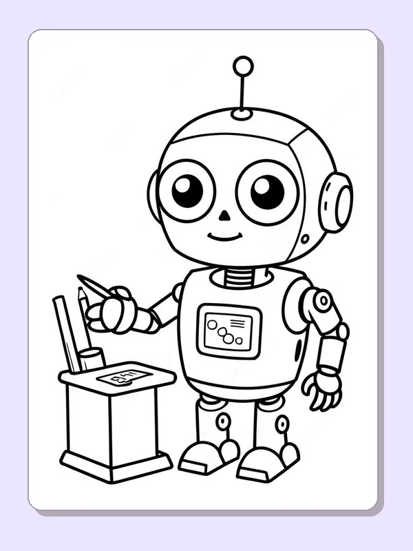 Robot beside small art table with pencils and drawing, black-and-white line art