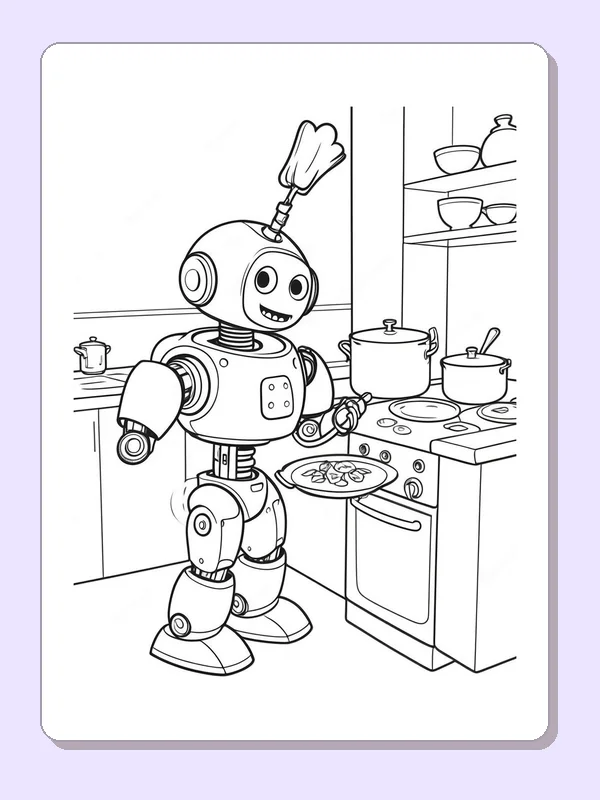 Robot cooking at stove with pans and kitchen counters, black-and-white line art