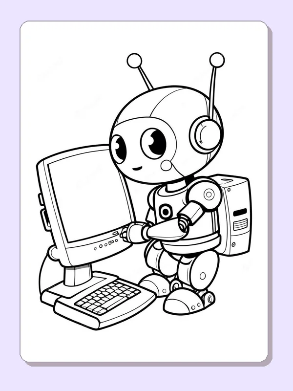 Robot holding a rectangular computer screen, black-and-white line art