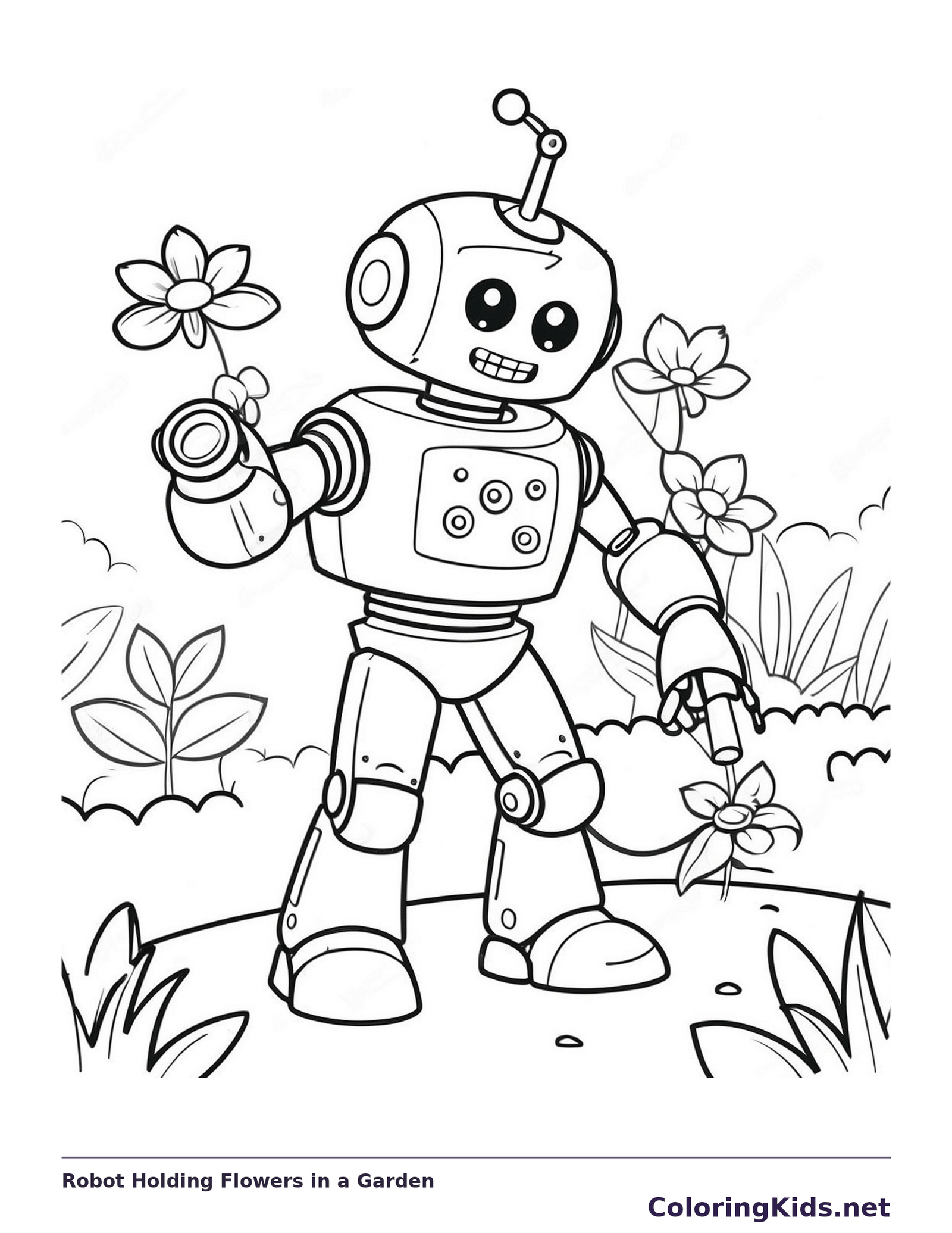 Smiling robot holding flowers among garden grass and blossoms, black-and-white line art