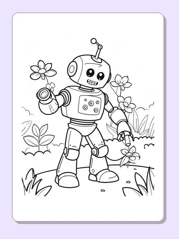 Smiling robot holding flowers among garden grass and blossoms, black-and-white line art