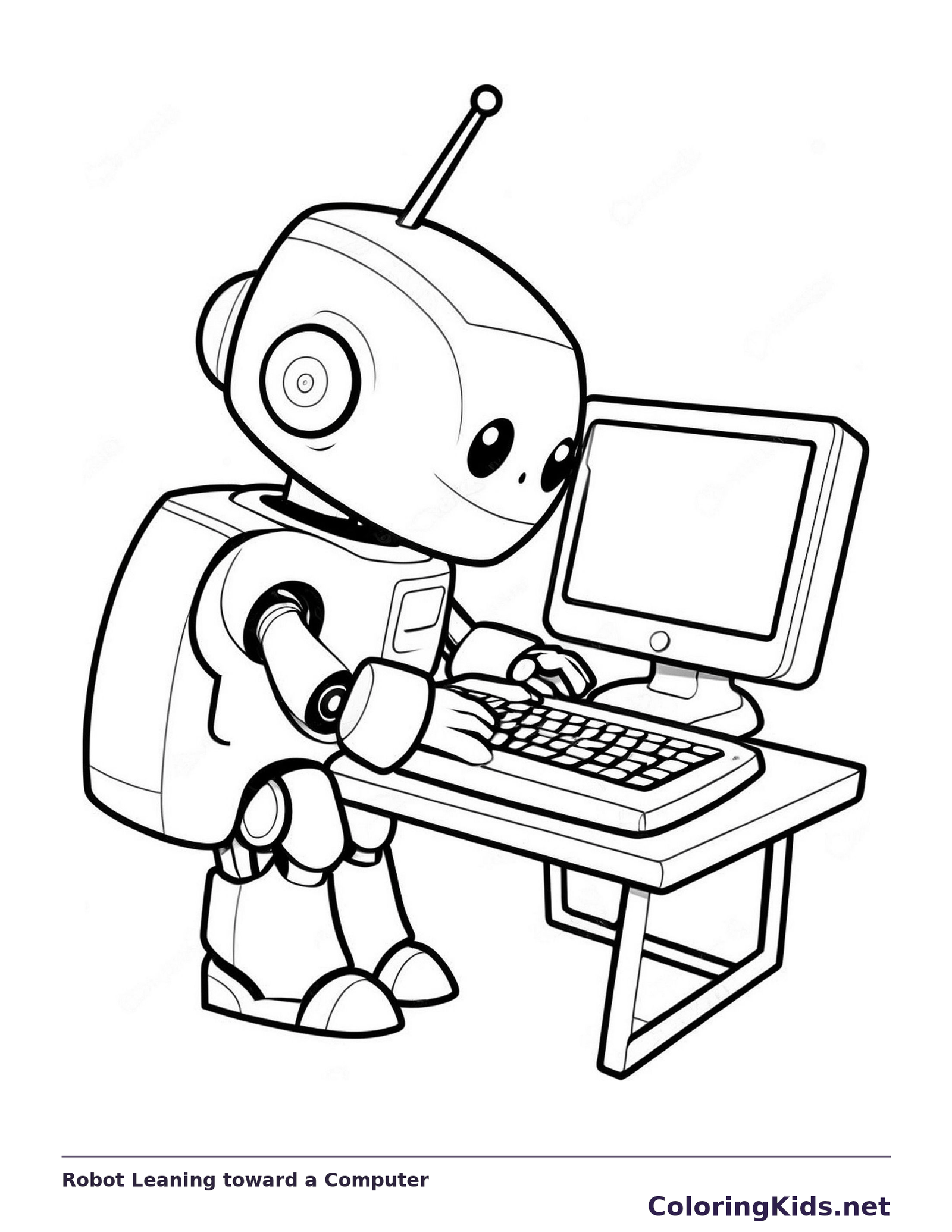 Robot leaning toward computer with hand near keyboard, black-and-white line art