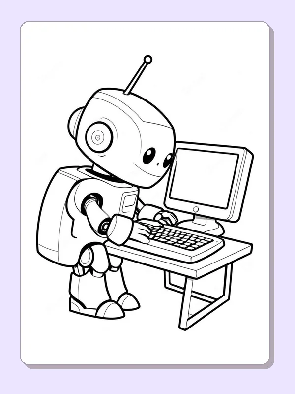 Robot leaning toward computer with hand near keyboard, black-and-white line art