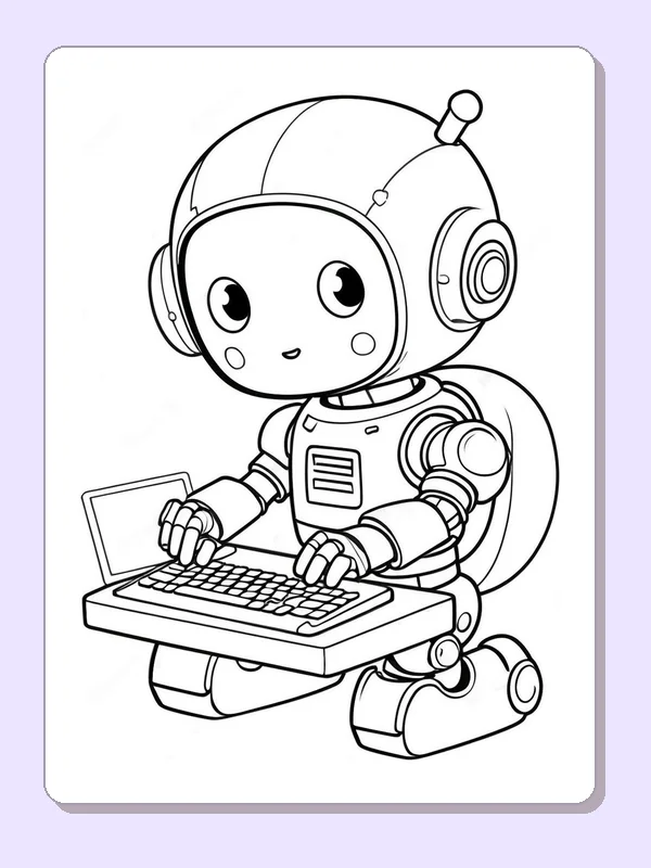 Seated robot typing at a small keyboard and computer screen, black-and-white line art