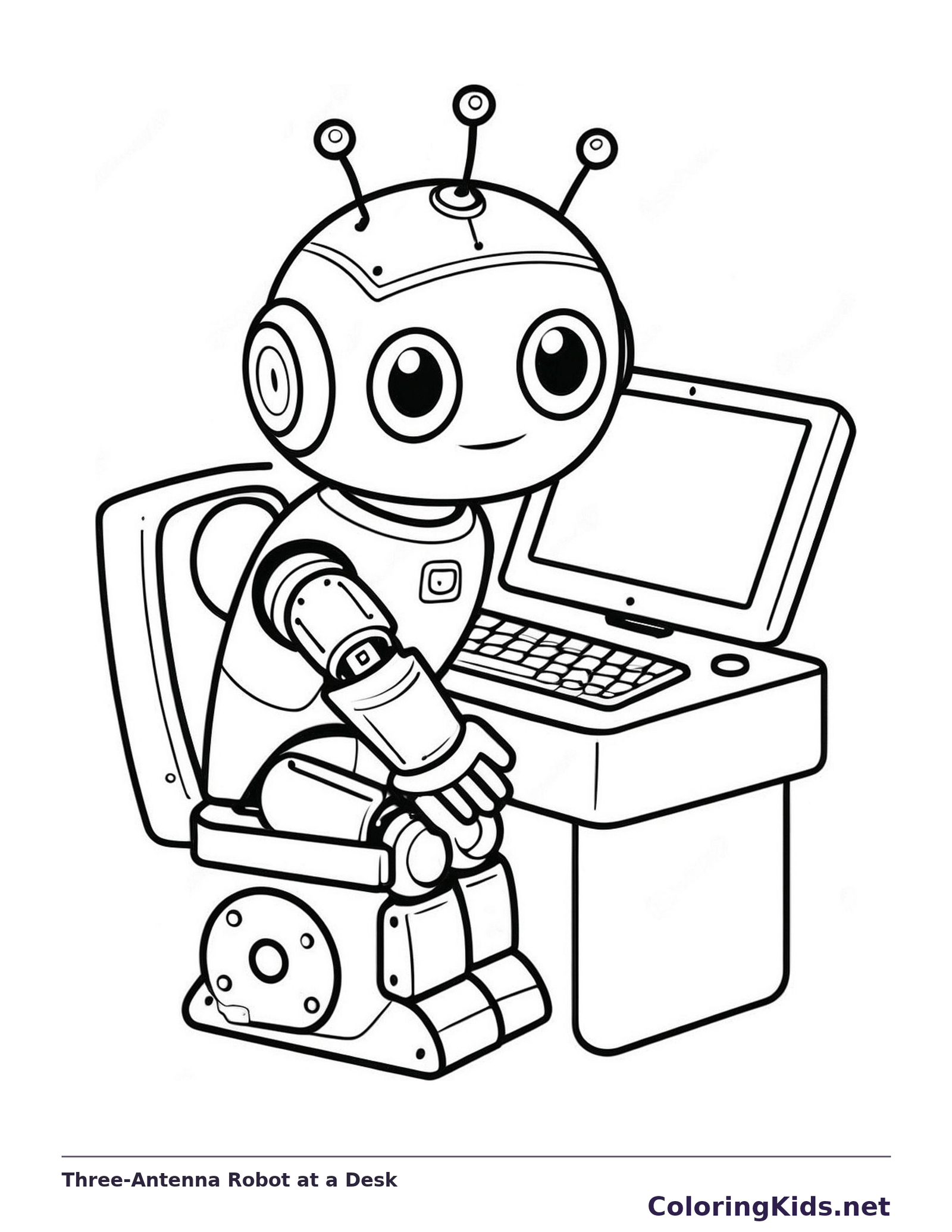 Three-antenna robot working at computer desk, black-and-white line art