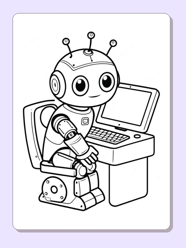 Three-antenna robot working at computer desk, black-and-white line art