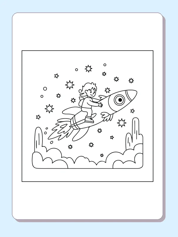 Black and white printable drawing of child astronaut riding a rocket above clouds and stars